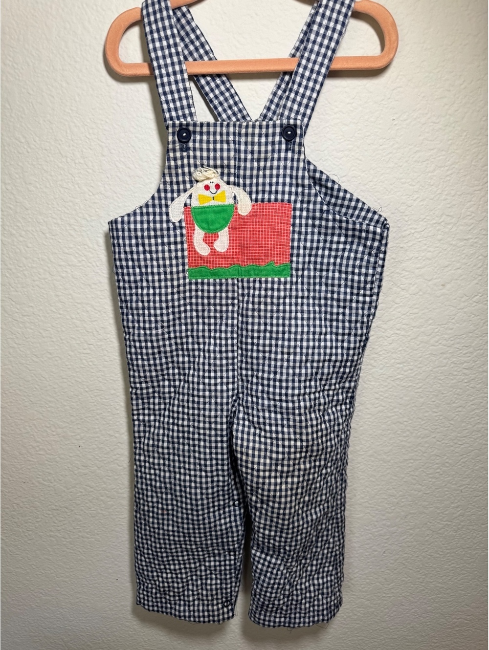 Vintage Toddler Size 3 Navy Gingham Overalls with Cute Applique - JC Penb